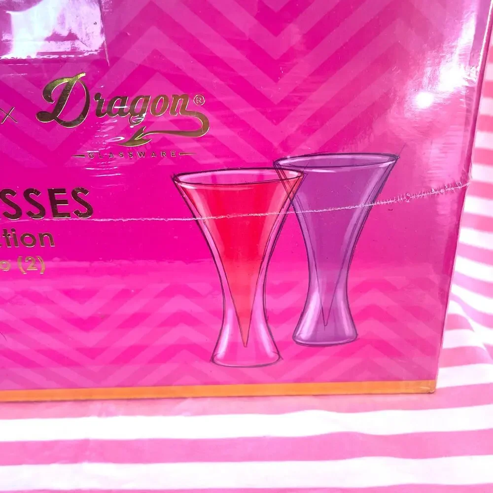 NIP Barbie x Dragon Glass pink 8 oz cocktail glasses new in box never used GIFT!